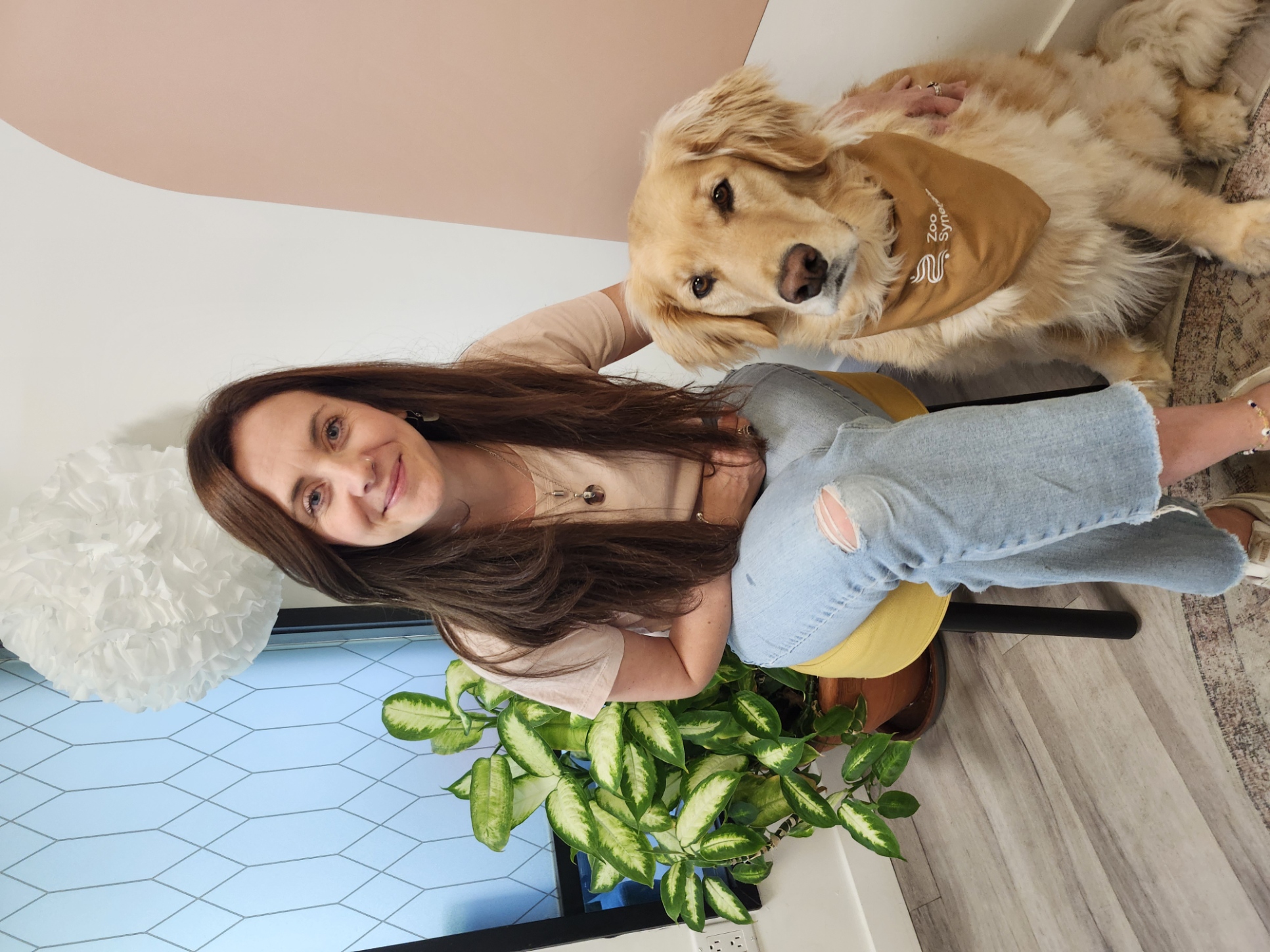 Mylène Quervel-Chaumette en interaction avec un chien partenaire dans le local de ZooSynergie.